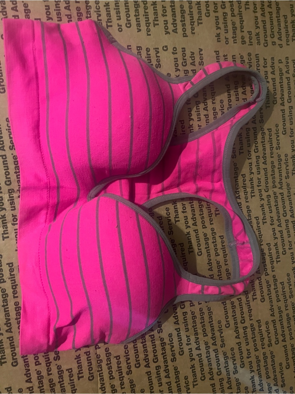 Striped Padded Sports Bra in Bright Pink with Gray Trim